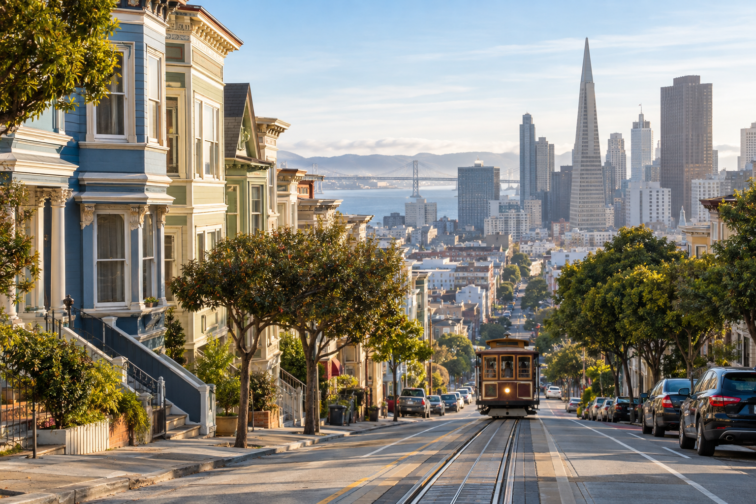 San Francisco street with Victorian homes and cable car