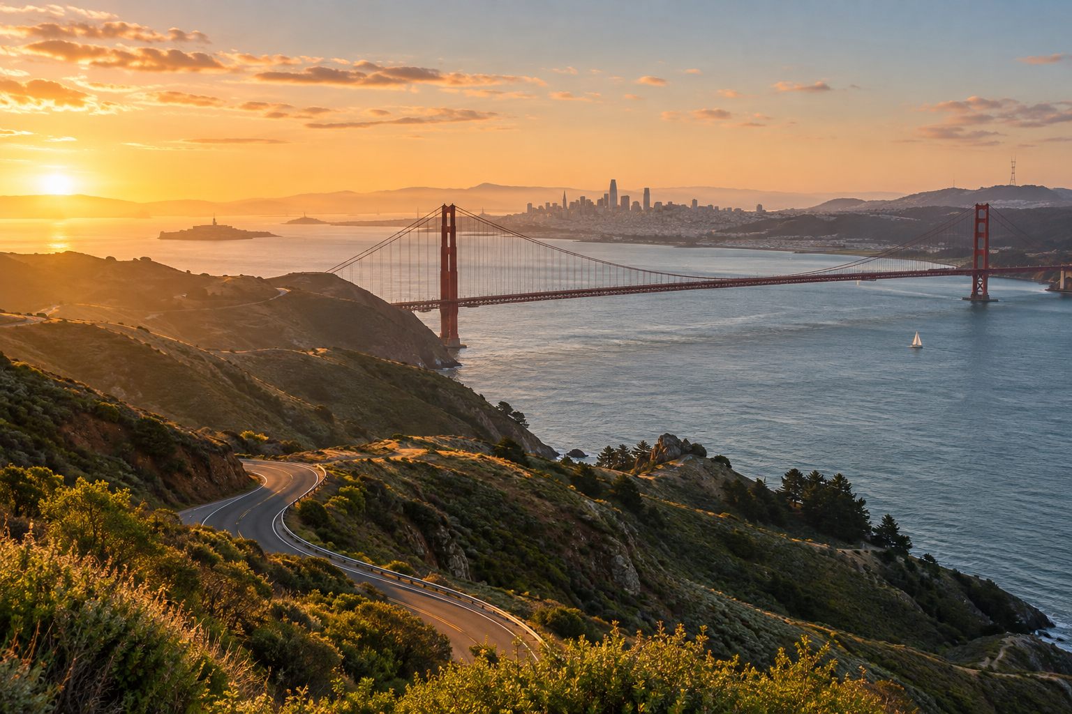 Golden Gate Bridge and a coastal road near San Francisco at sunset